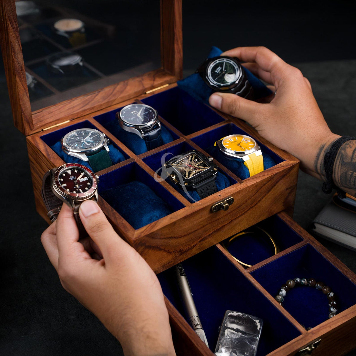 Mens Watch Box, Personalized Rosewood watch box with drawer, Custom Father's Day Gift, Superior Men's Watch Display Case Best Gift for him