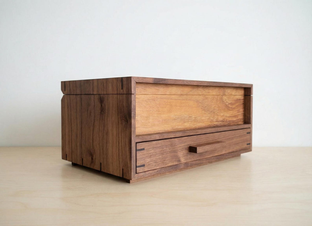 Watch Box with Drawer - Black Walnut Teak and Oak - 10 Watch Compartments - Personalized Gift