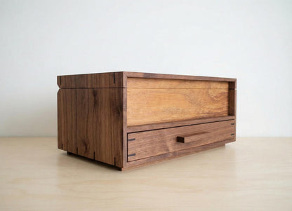 Watch Box with Drawer - Black Walnut Teak and Oak - 10 Watch Compartments - Personalized Gift