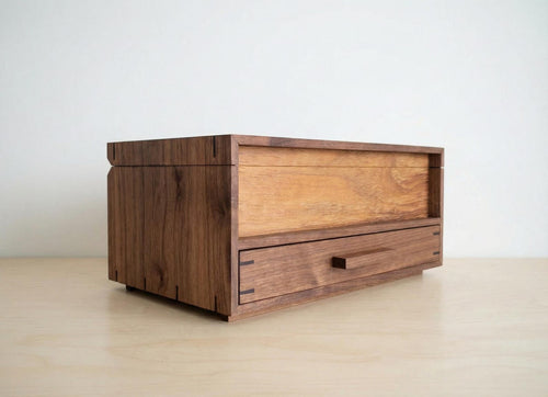 Watch Box with Drawer - Black Walnut Teak and Oak - 10 Watch Compartments - Personalized Gift