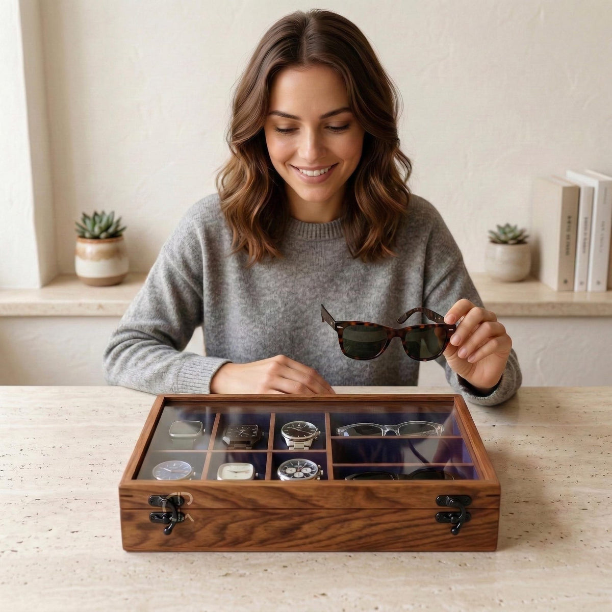 Handcrafted Wooden Watch & Sunglasses Organizer | 6 Watch Display Case with 3 Eyewear Slots | Indian Rosewood | Gift for Him and Her