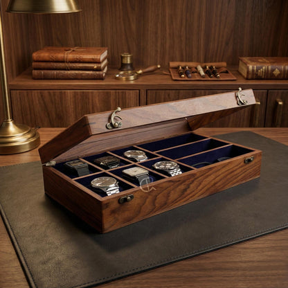Handcrafted Wooden Watch & Sunglasses Organizer | 6 Watch Display Case with 3 Eyewear Slots | Indian Rosewood | Gift for Him and Her