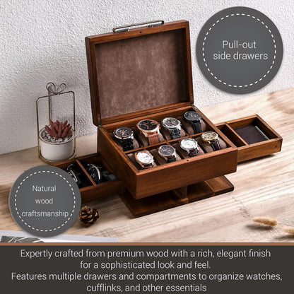 Engraved Wood Watch Box for Men Jewelry and Watch Box with Drawer Mens Valet Organizer 8 Slot Storage Organizer 50th Birthday Gift for Him