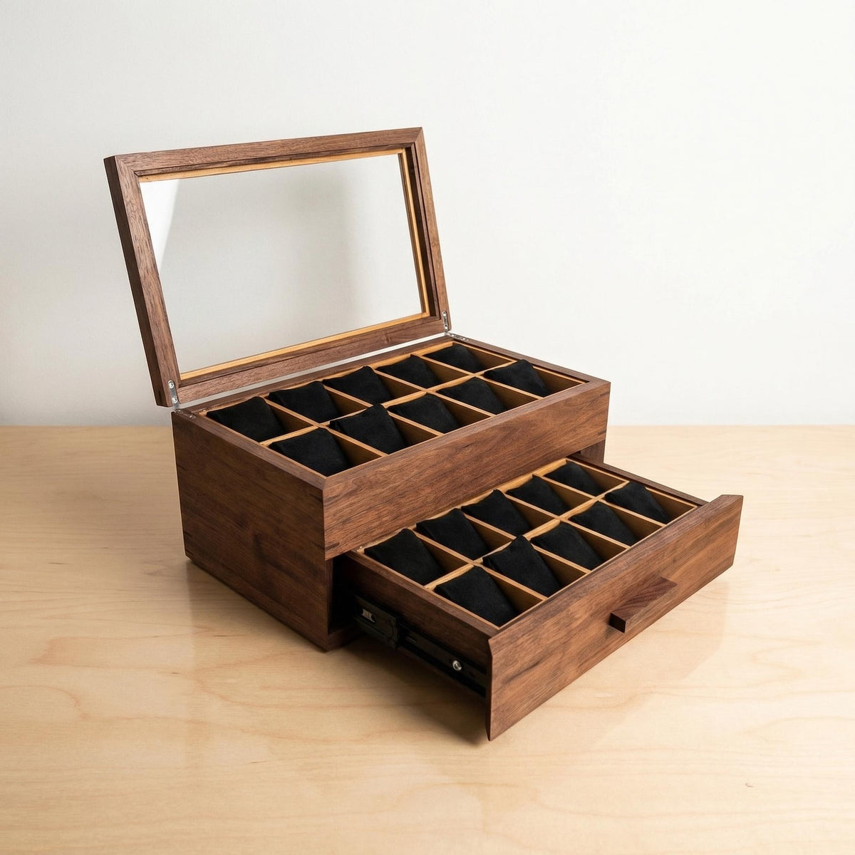 Watch Box with Drawer with 20 pockets-Dark walnut-Handmade