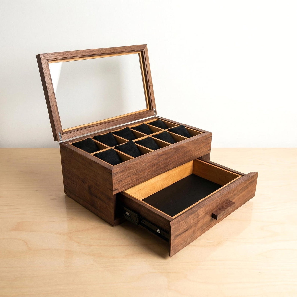 Watch Box with Drawer with 20 pockets-Dark walnut-Handmade