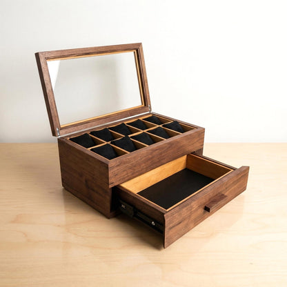 Watch Box with Drawer with 20 pockets-Dark walnut-Handmade