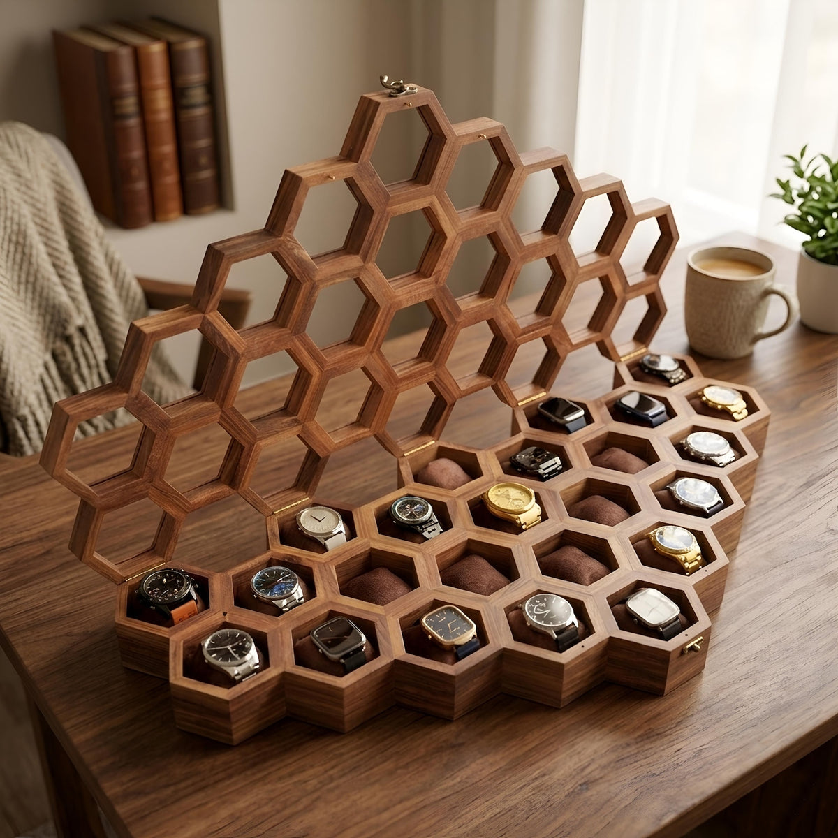 Handmade Vintage Watch Box, Wooden Watch Display Case for Men, Anniversary or Groomsmen Gift, Jewelry Box - Rosewood, Honeycomb Design
