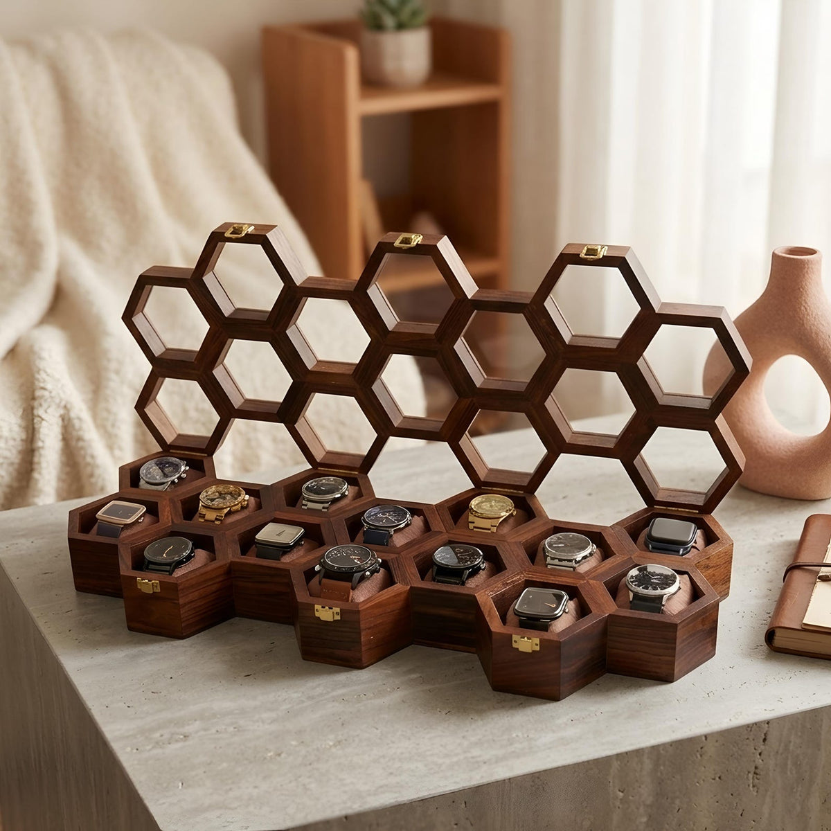 Vintage Watch Box for Men, Wooden Watch Storage Organizer, Display Case, Jewelry Box for Women - Honeycomb Shape, 11 Slots