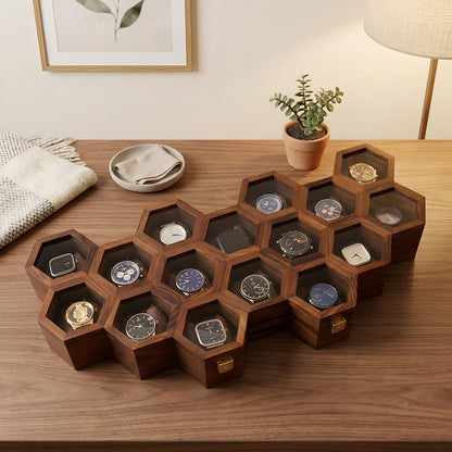 Vintage Watch Box for Men, Wooden Watch Storage Organizer, Display Case, Jewelry Box for Women - Honeycomb Shape, 11 Slots