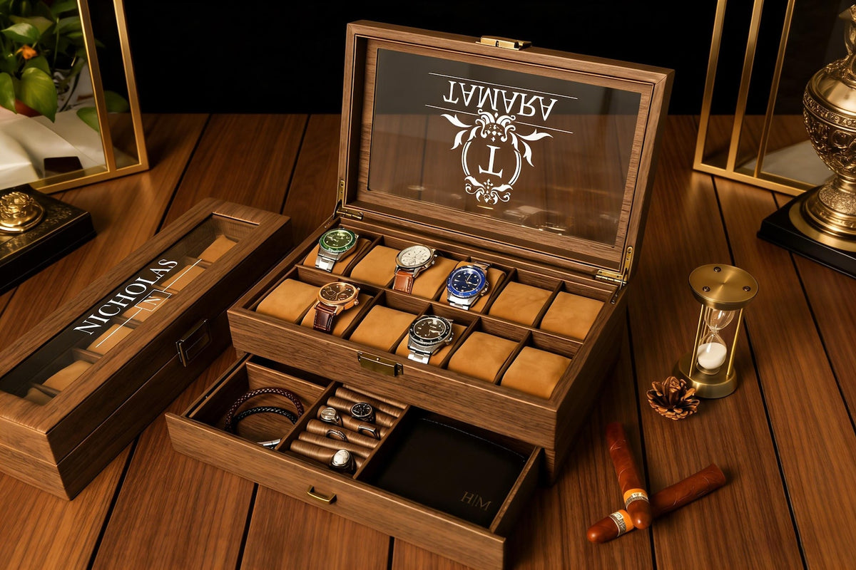 Custom Watch Box,6-Slot Leather Watch Box for Men- 2 Layers with Drawer,Anniversary for Him, Gifts for Men、Dad,Gifts for Men Watch