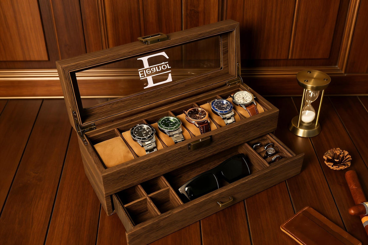 Custom Watch Box,6-Slot Leather Watch Box for Men- 2 Layers with Drawer,Anniversary for Him, Gifts for Men、Dad,Gifts for Men Watch
