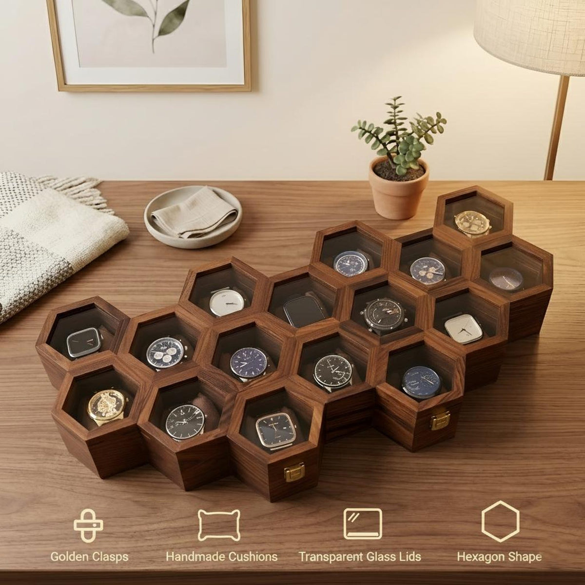 Handmade Vintage Watch Box, Wooden Watch Display Case for Men, Anniversary or Groomsmen Gift, Jewelry Box - Rosewood, Honeycomb Design