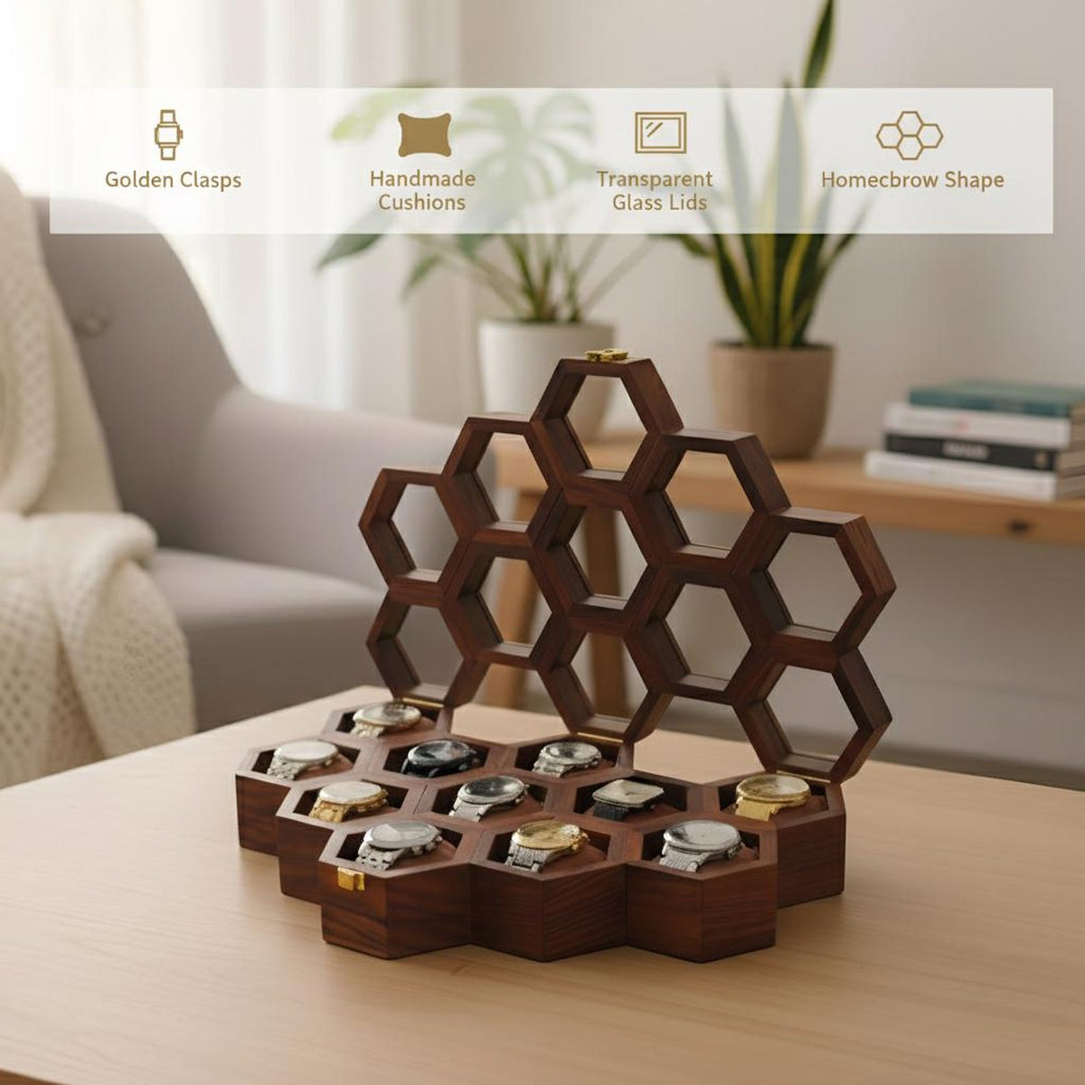 Vintage Watch Box for Men, Wooden Watch Storage Organizer, Display Case, Jewelry Box for Women - Honeycomb Shape, 11 Slots