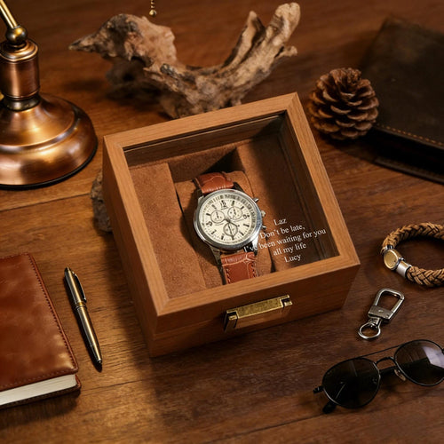 Custom Engraved Watch Box ,Personalized Watch Case, Anniversary & Birthday Memorial Watch Case | Laser Engraved Glass Lid with Your Words
