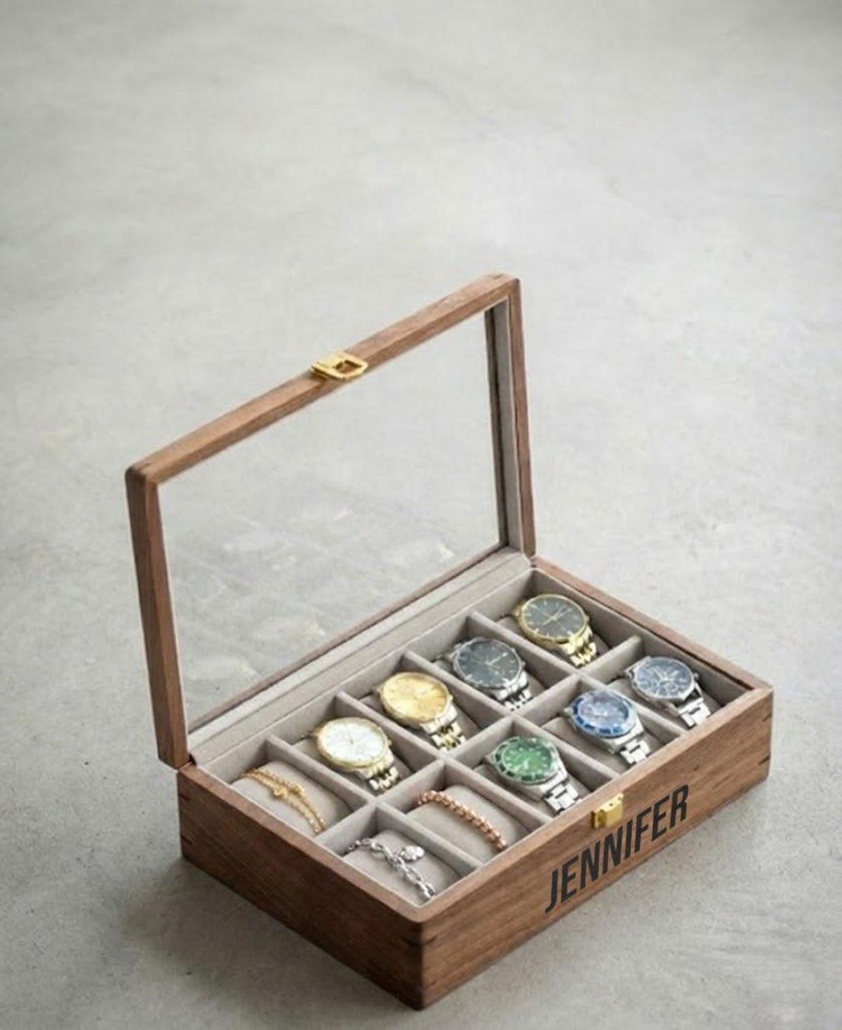 Personalized Walnut Watch Box for Men, Custom Wooden Watch Case with Glass Lid, Engraved 10 Slot Watch Organizer, Anniversary Gift Him
