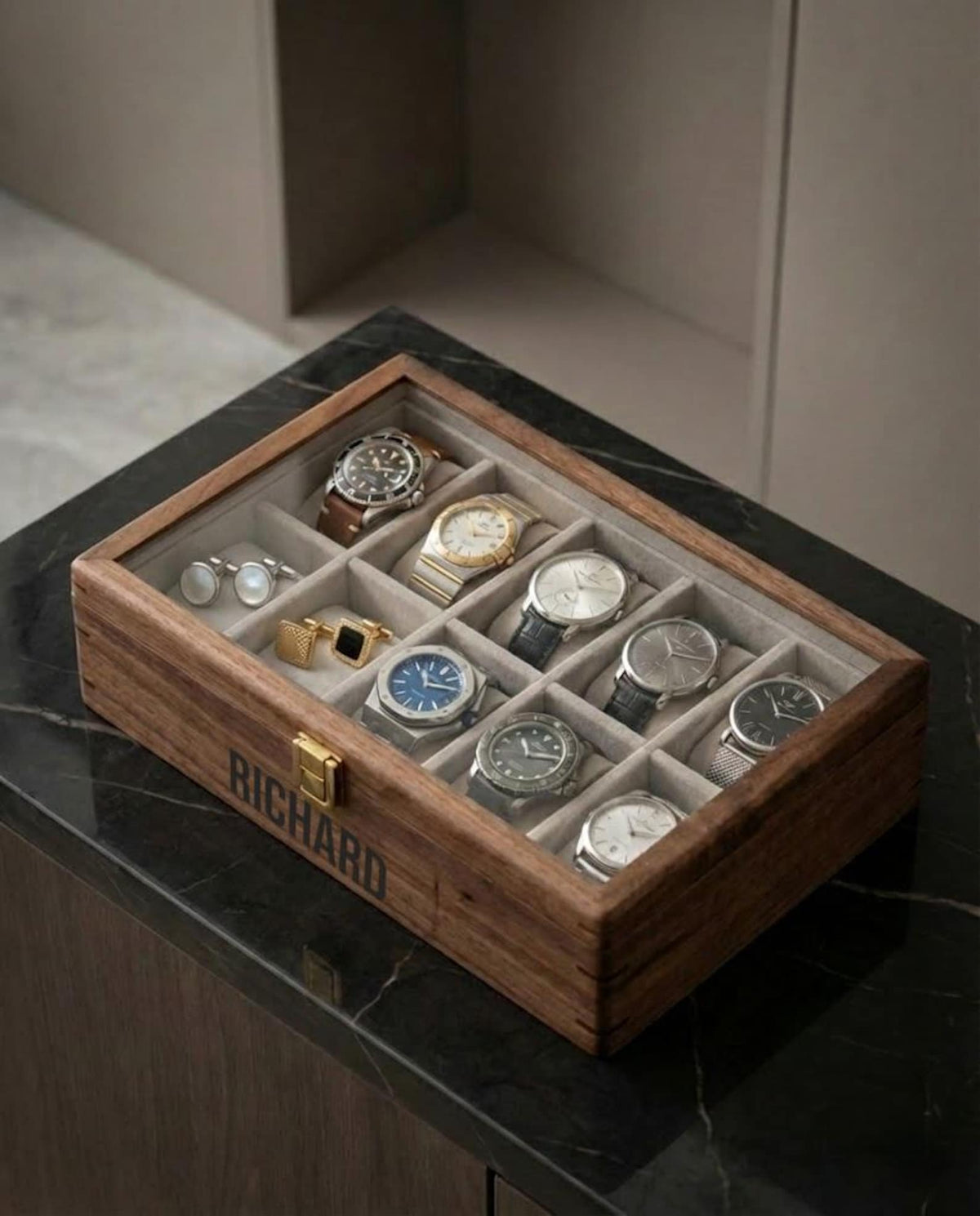 Personalized Walnut Watch Box for Men, Custom Wooden Watch Case with Glass Lid, Engraved 10 Slot Watch Organizer, Anniversary Gift Him
