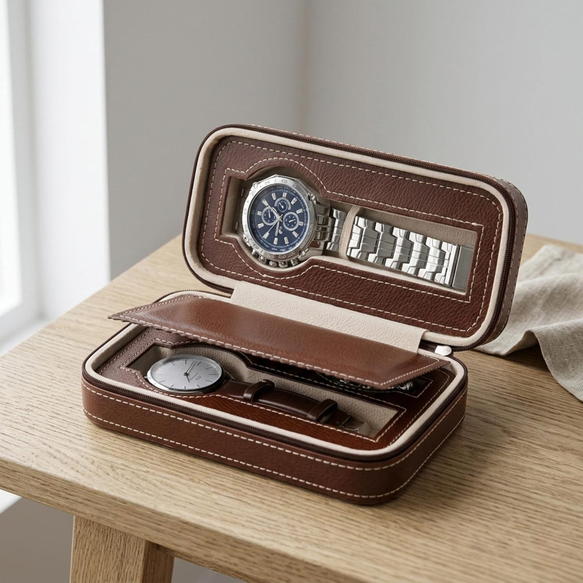 Personalized Leather Watch Display Box – 2, 4, or 8 Slot Travel Case