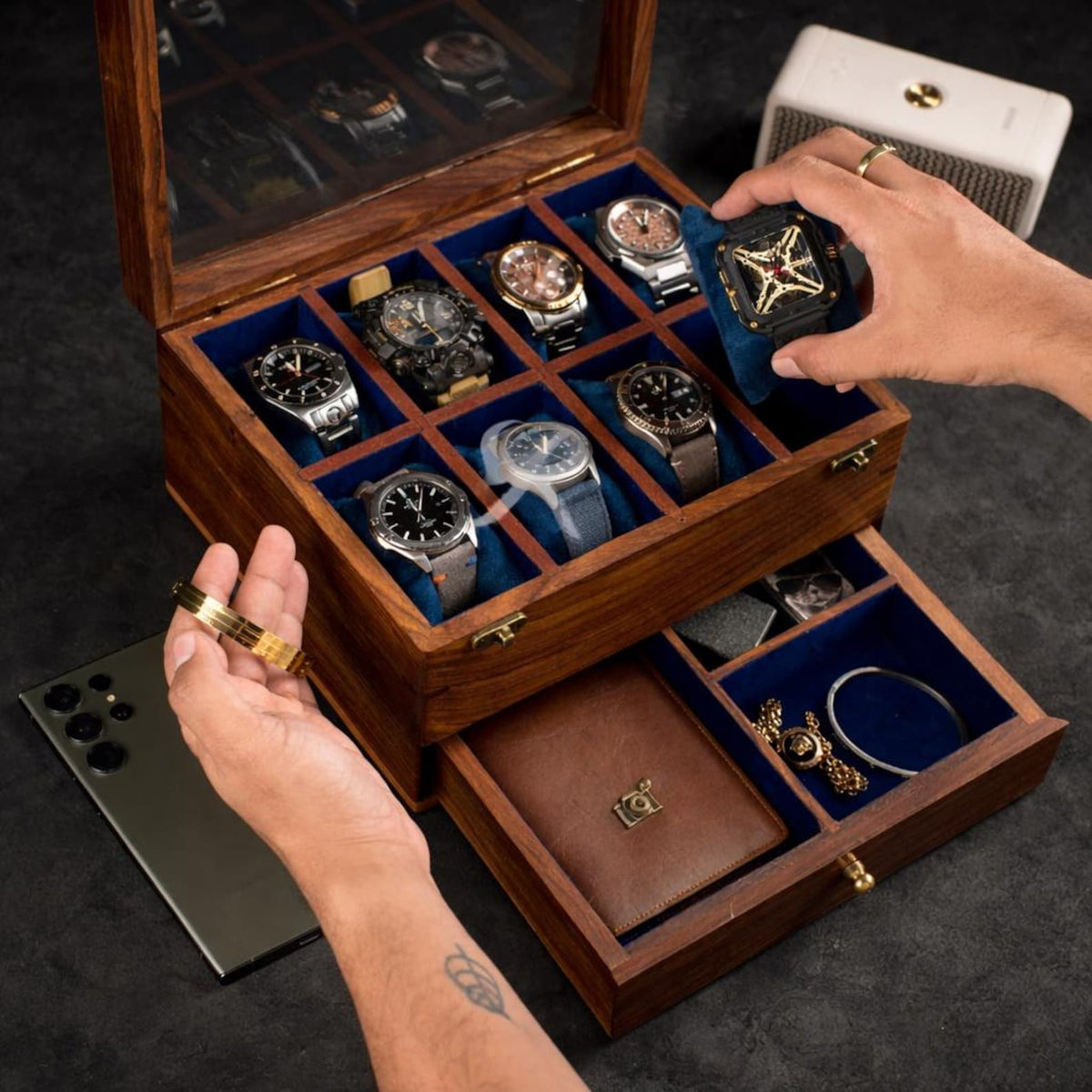 Mens Watch Box, Personalized Rosewood watch box with drawer, Custom Father's Day Gift, Superior Men's Watch Display Case Best Gift for him