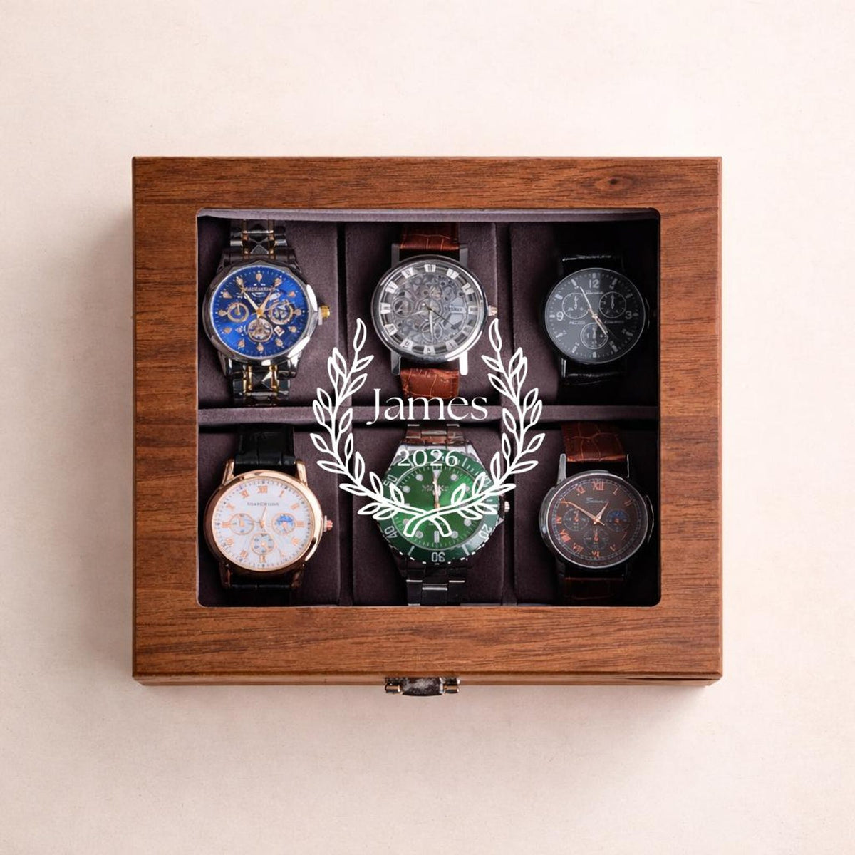 Personalized Walnut Watch Box with Glass or Wood Lid, Custom Watch Organizer 3 4 6 8 10 Slot Wooden Watch Storage Case Gift for Men Father
