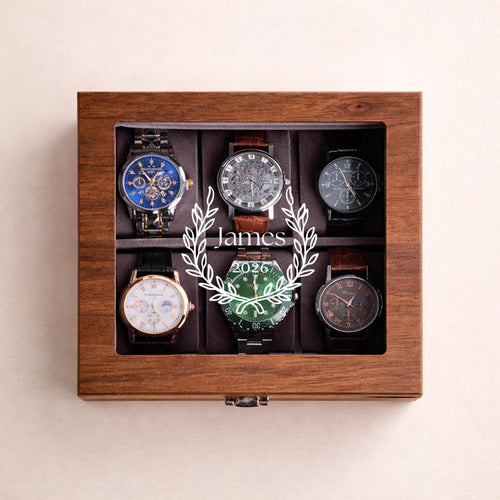 Personalized Walnut Watch Box with Glass or Wood Lid, Custom Watch Organizer 3 4 6 8 10 Slot Wooden Watch Storage Case Gift for Men Father