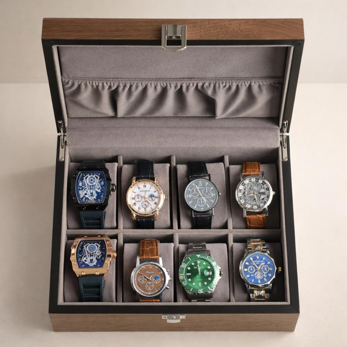 Engraved Wooden Watch Box for Men, Walnut Watch Organizer 3 4 6 8 10 Slot Wood Lid Watch Storage Case Gift for Husband Dad