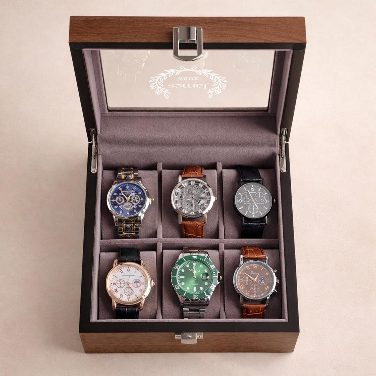 Personalized Walnut Watch Box with Glass or Wood Lid, Custom Watch Organizer 3 4 6 8 10 Slot Wooden Watch Storage Case Gift for Men Father