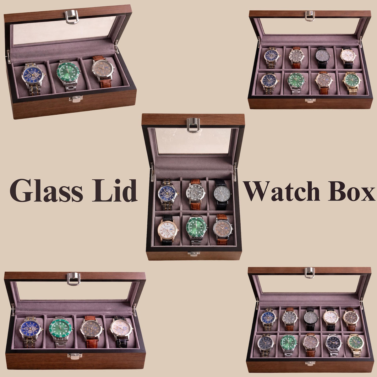 Personalized Walnut Watch Box with Glass or Wood Lid, Custom Watch Organizer 3 4 6 8 10 Slot Wooden Watch Storage Case Gift for Men Father