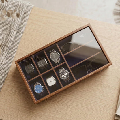 Handcrafted Wooden Watch & Sunglasses Organizer | 6 Watch Display Case with 3 Eyewear Slots | Indian Rosewood | Gift for Him and Her