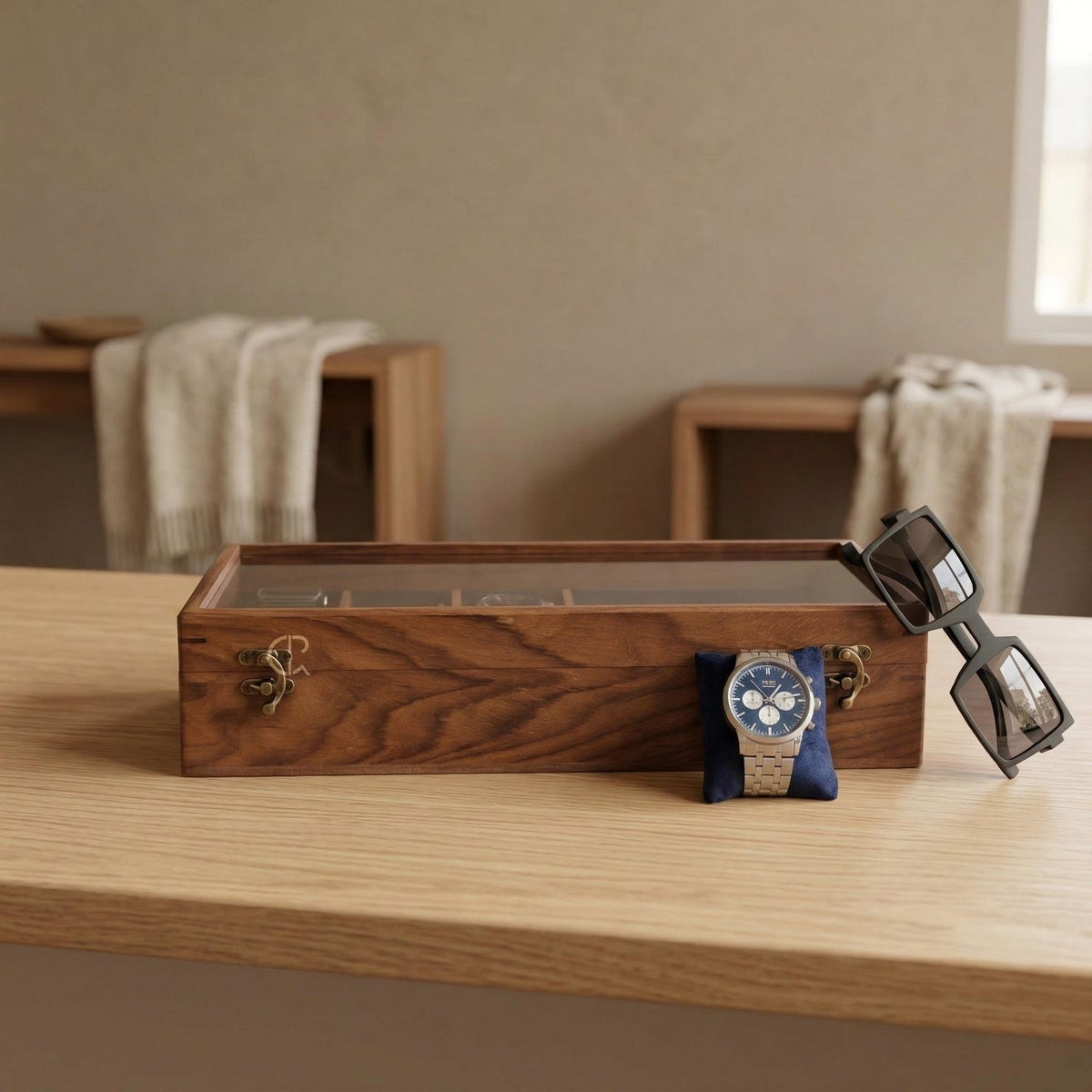 Handcrafted Wooden Watch & Sunglasses Organizer | 6 Watch Display Case with 3 Eyewear Slots | Indian Rosewood | Gift for Him and Her