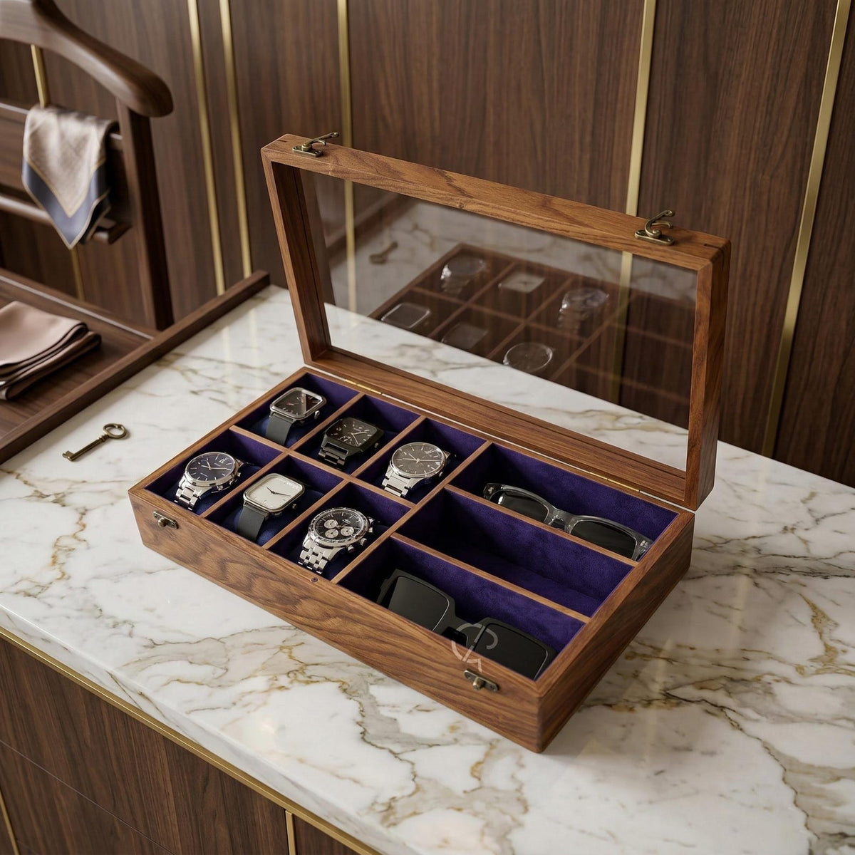 Handcrafted Wooden Watch & Sunglasses Organizer | 6 Watch Display Case with 3 Eyewear Slots | Indian Rosewood | Gift for Him and Her