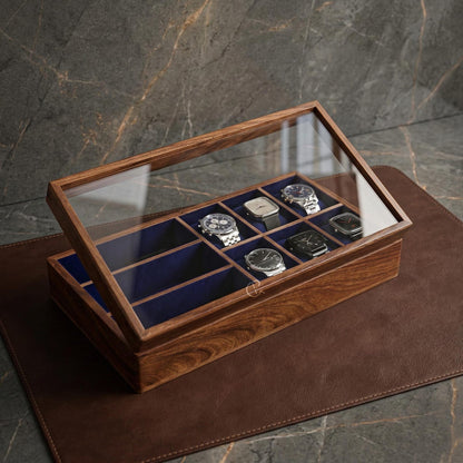 Handcrafted Wooden Watch & Sunglasses Organizer | 6 Watch Display Case with 3 Eyewear Slots | Indian Rosewood | Gift for Him and Her