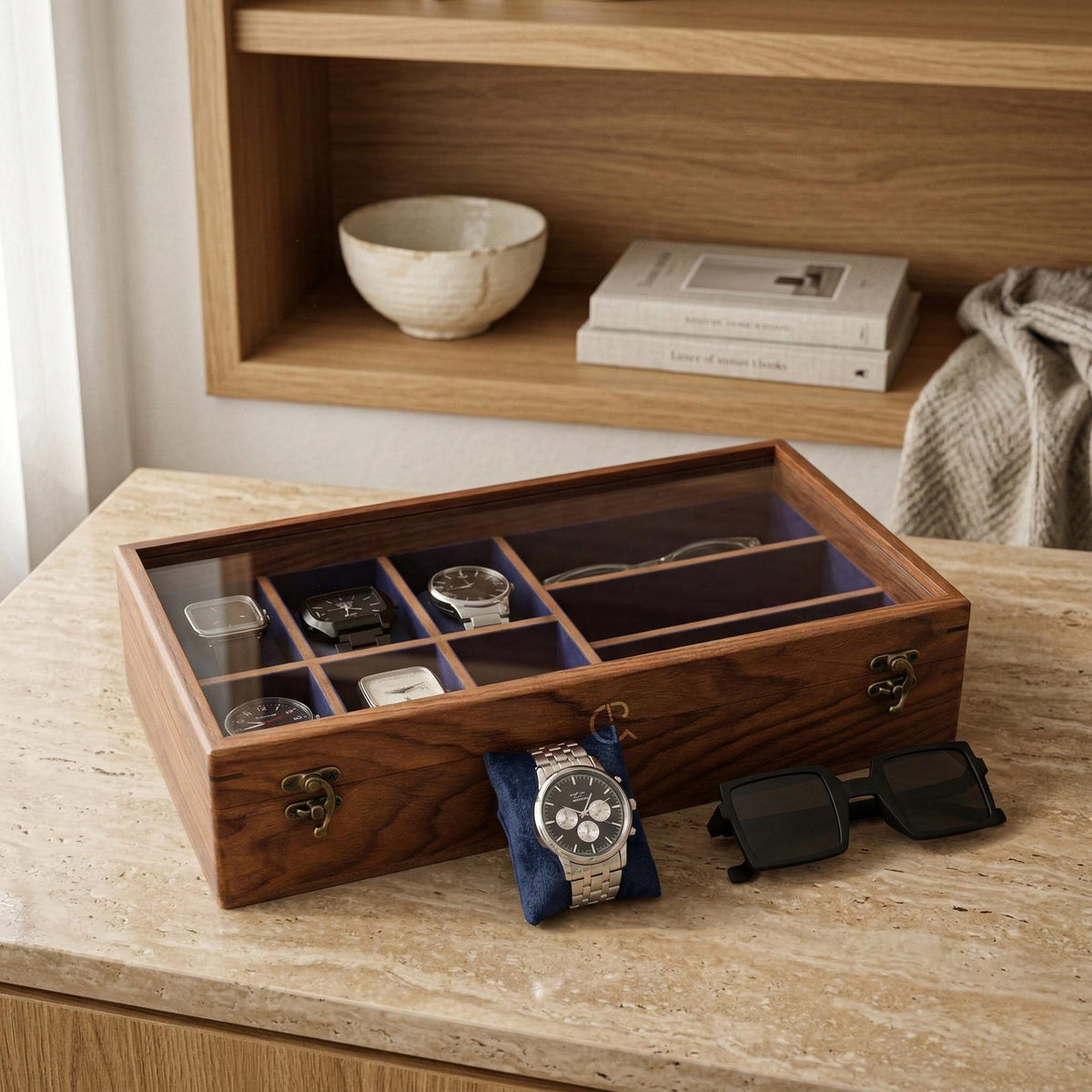 Handcrafted Wooden Watch & Sunglasses Organizer | 6 Watch Display Case with 3 Eyewear Slots | Indian Rosewood | Gift for Him and Her
