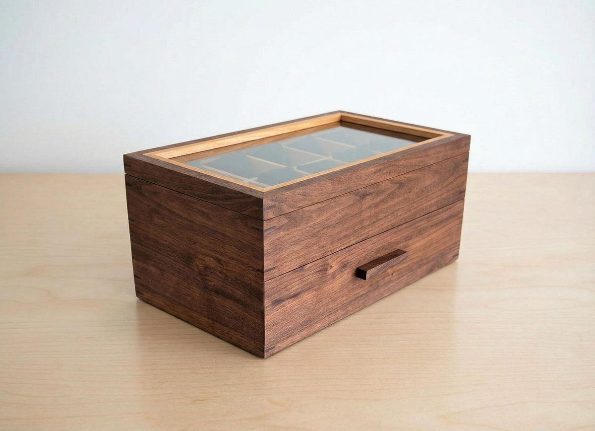Watch Box with Drawer with 20 pockets-Dark walnut-Handmade