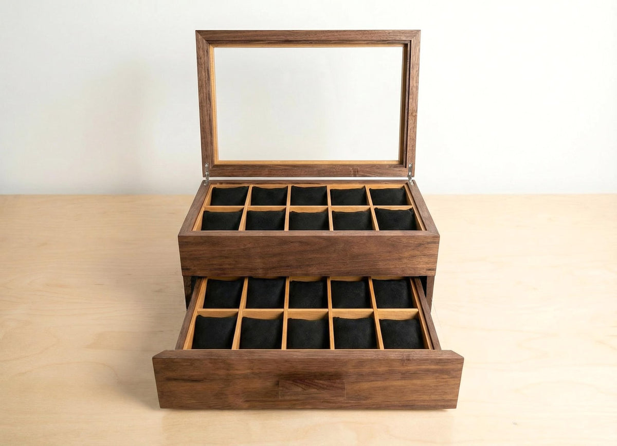 Watch Box with Drawer with 20 pockets-Dark walnut-Handmade