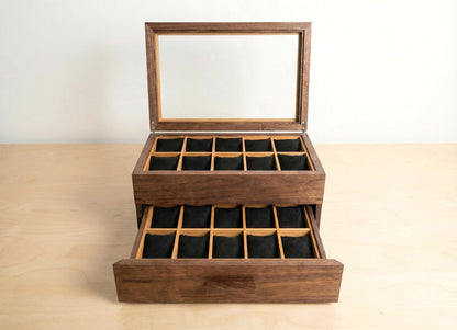 Watch Box with Drawer with 20 pockets-Dark walnut-Handmade