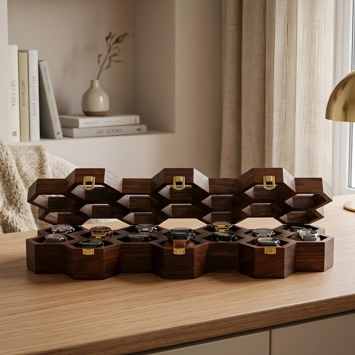 Vintage Watch Box for Men, Wooden Watch Storage Organizer, Display Case, Jewelry Box for Women - Honeycomb Shape, 11 Slots