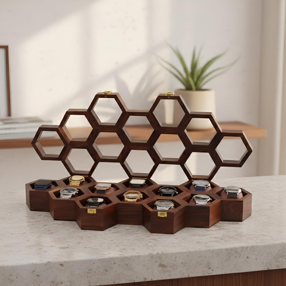 Vintage Watch Box for Men, Wooden Watch Storage Organizer, Display Case, Jewelry Box for Women - Honeycomb Shape, 11 Slots
