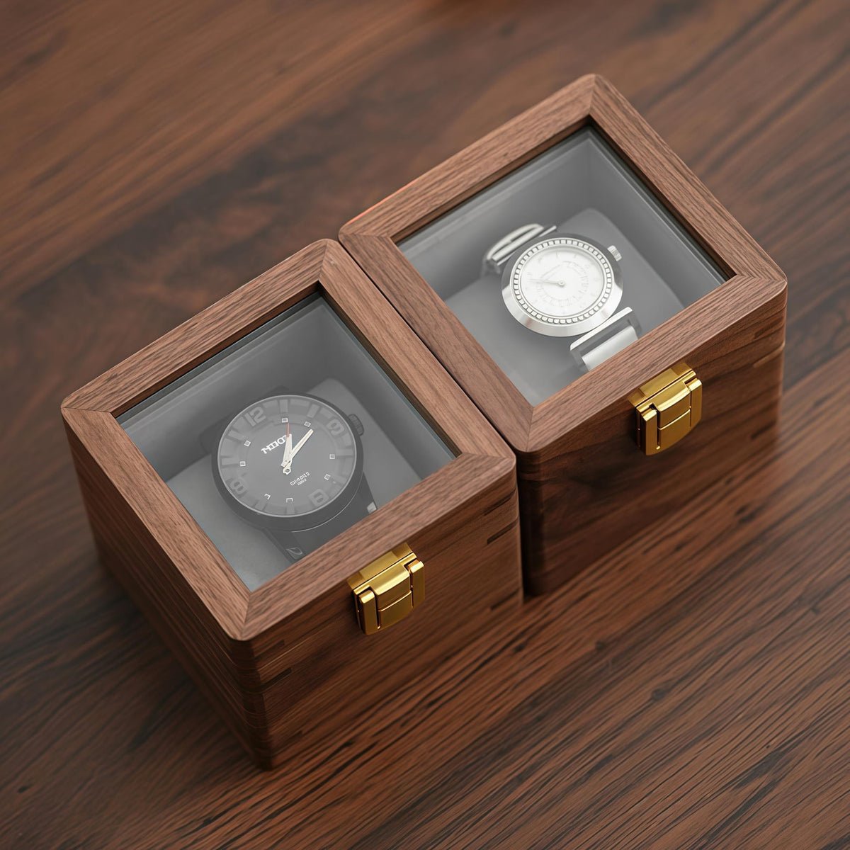 Walnut Wood Single Watch Box with Glass Lid, Luxury Watch Display Case, Handmade Wooden Watch Organizer, Gift for Men Husband Anniversary