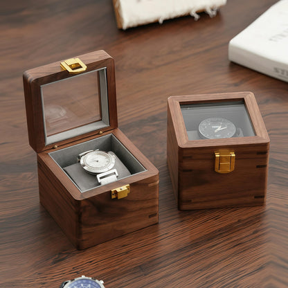 Walnut Wood Single Watch Box with Glass Lid, Luxury Watch Display Case, Handmade Wooden Watch Organizer, Gift for Men Husband Anniversary
