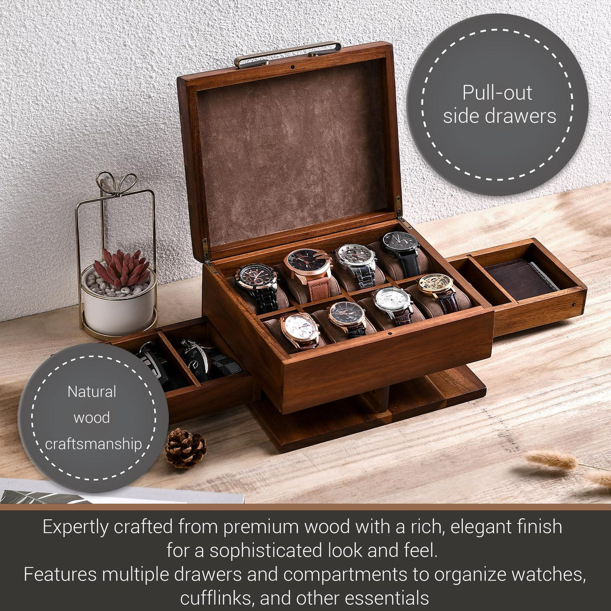 Men engraved jewelry organizers natural wood dresser top jewelry storage personalized husband 8 watch box for men vanity edc box