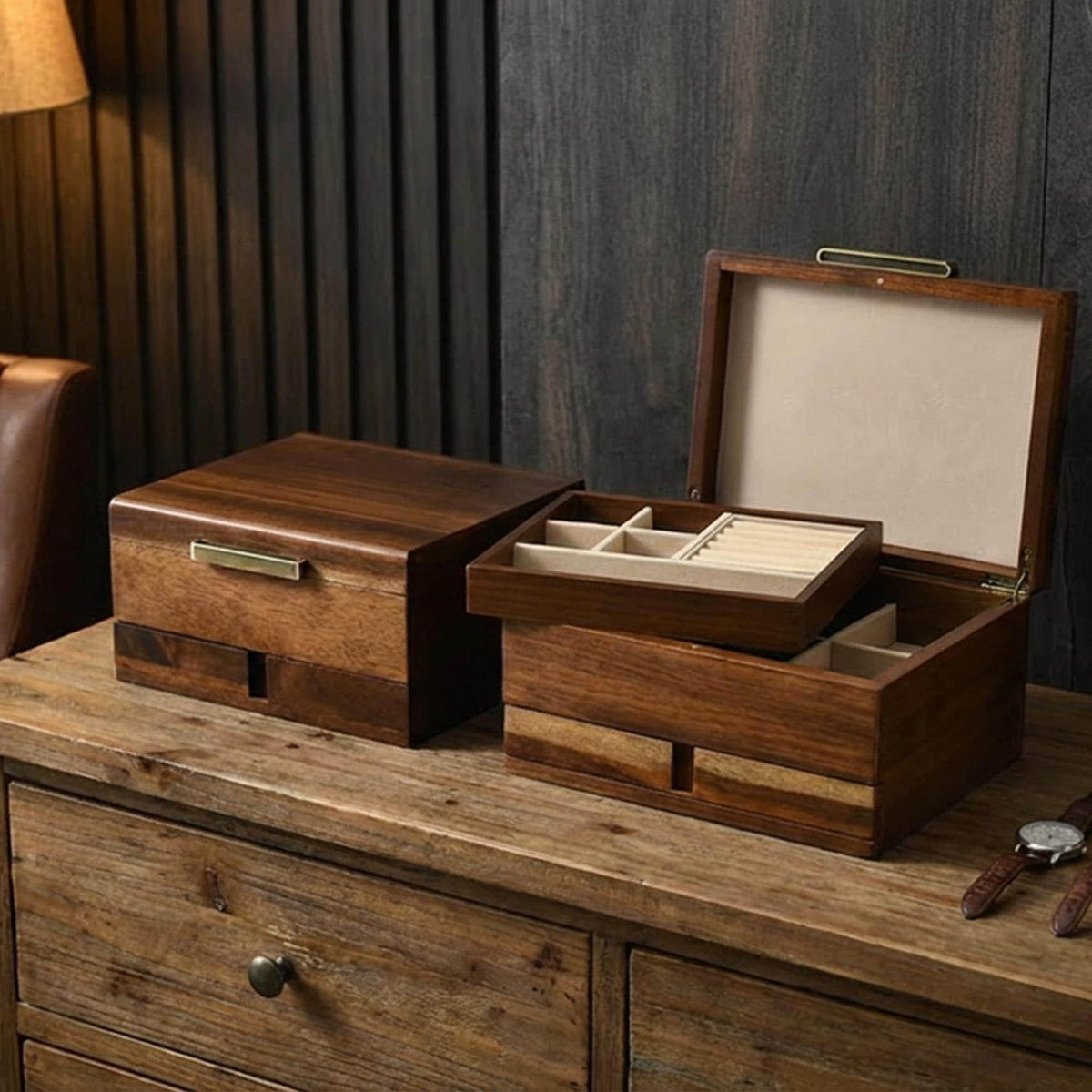 Men engraved jewelry organizers natural wood dresser top jewelry storage personalized husband 8 watch box for men vanity edc box