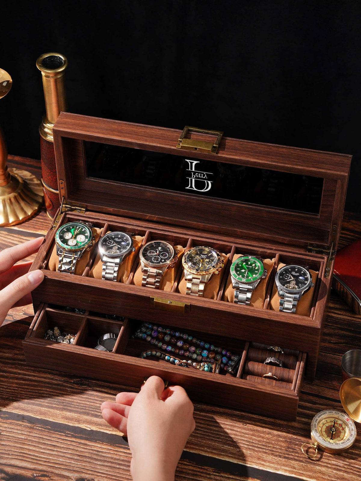 Personalized Watch Box for Men, Custom Engraved 6 Watch Organizer with Glass Lid, Wooden Display Case, Bulk Groomsmen Wedding Gift
