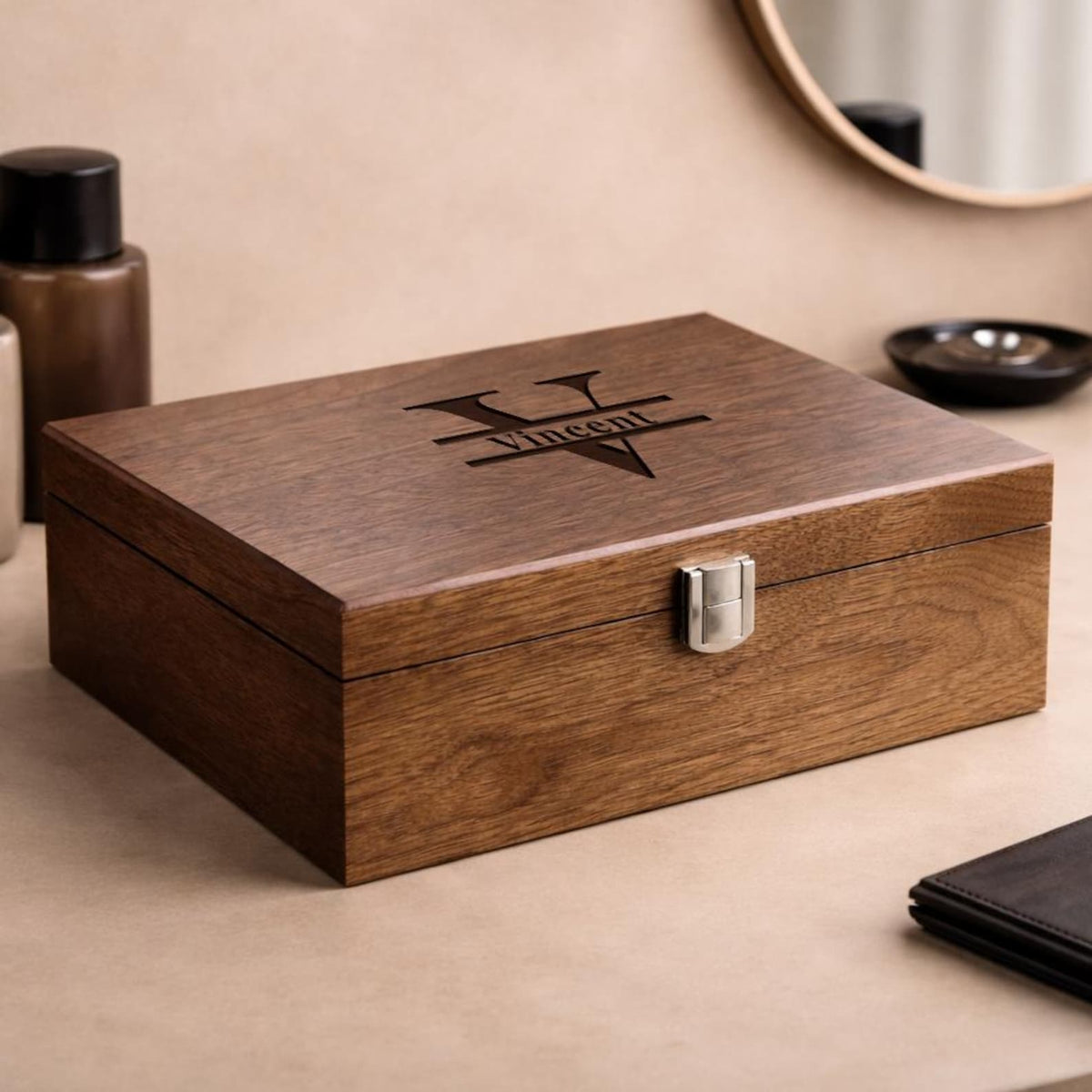 Engraved Wooden Watch Box for Men, Walnut Watch Organizer 3 4 6 8 10 Slot Wood Lid Watch Storage Case Gift for Husband Dad