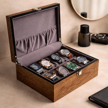 Engraved Wooden Watch Box for Men, Walnut Watch Organizer 3 4 6 8 10 Slot Wood Lid Watch Storage Case Gift for Husband Dad