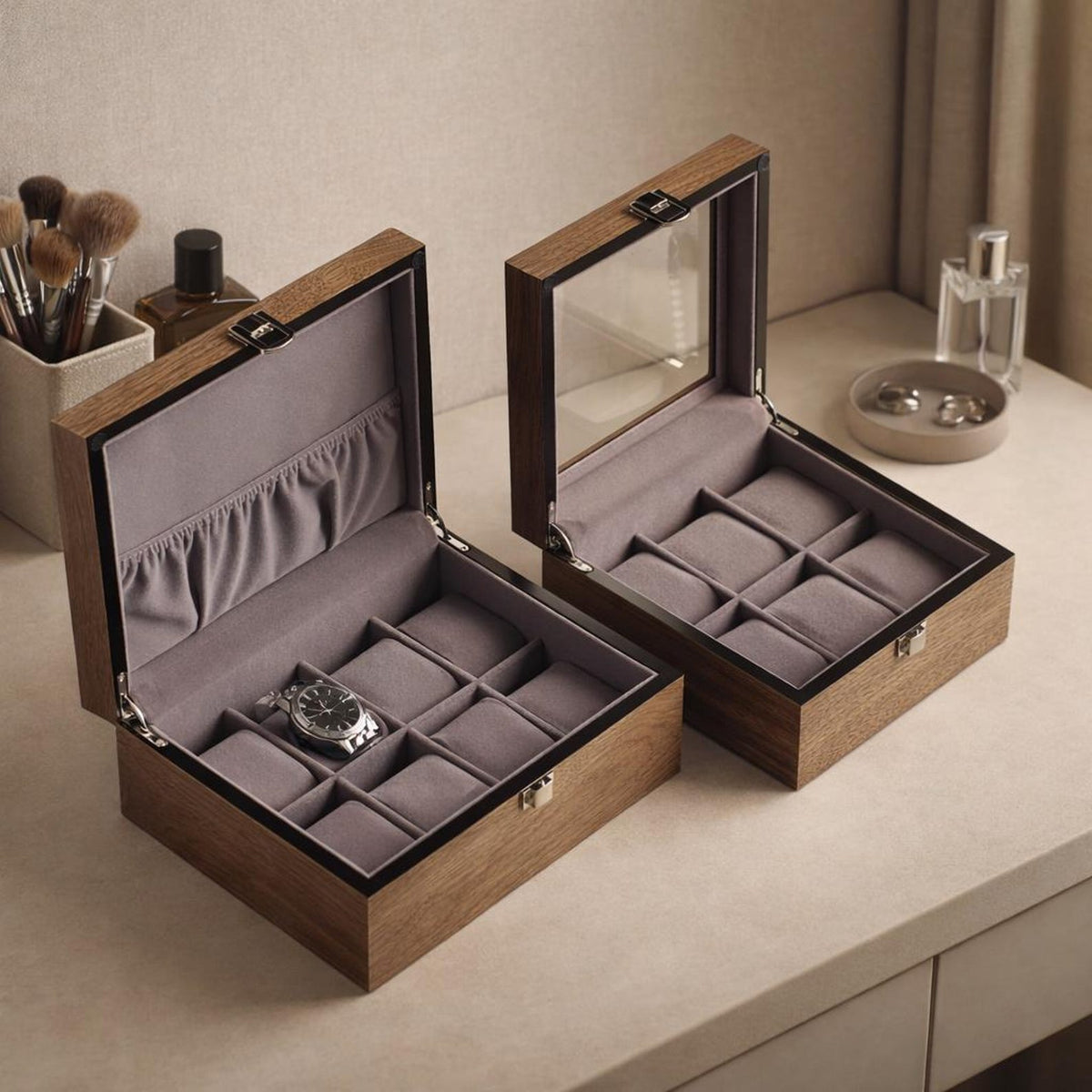 Personalized Walnut Watch Box with Glass or Wood Lid, Custom Watch Organizer 3 4 6 8 10 Slot Wooden Watch Storage Case Gift for Men Father