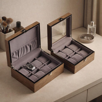 Personalized Walnut Watch Box with Glass or Wood Lid, Custom Watch Organizer 3 4 6 8 10 Slot Wooden Watch Storage Case Gift for Men Father