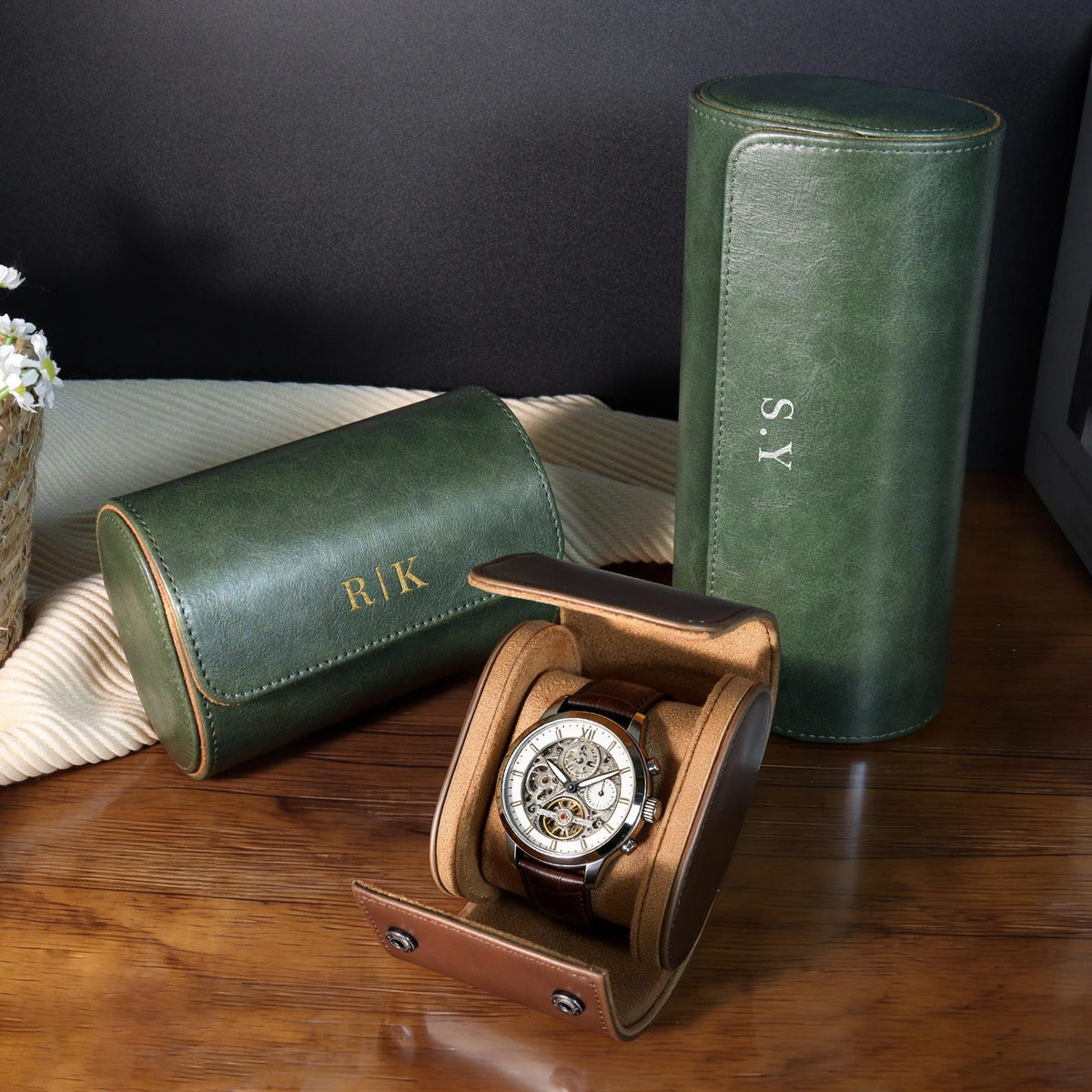 Personalized Leather Watch Box,Gift For Him,Green Leather Watch Case,Travel Watch Box for Him,Groomsmen gifts,Father's Day Gift,Graduation
