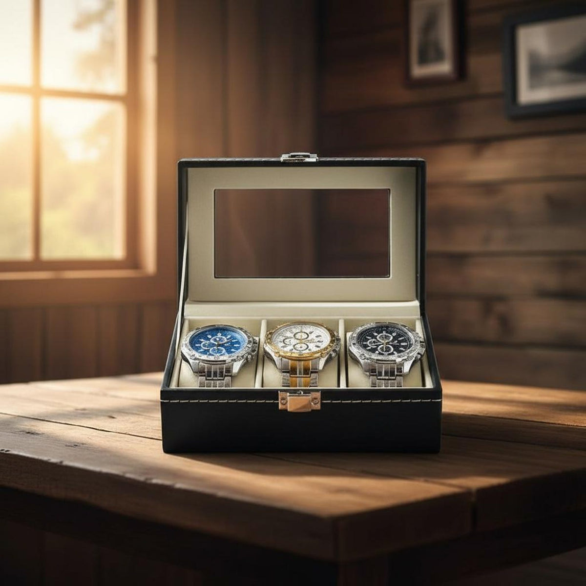 PU Leather Watch Display & Storage Box with Glass Top, Men's Watch Collection Organizer Case, Watch Holder Display Box, Gift for Him