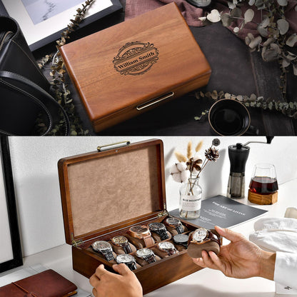 Engraved Wooden Watch Box for Men Promotion Gift Acacia Display Organizer Ten Slot Velvet Interior Collector’s Edition Luxury Office Decor