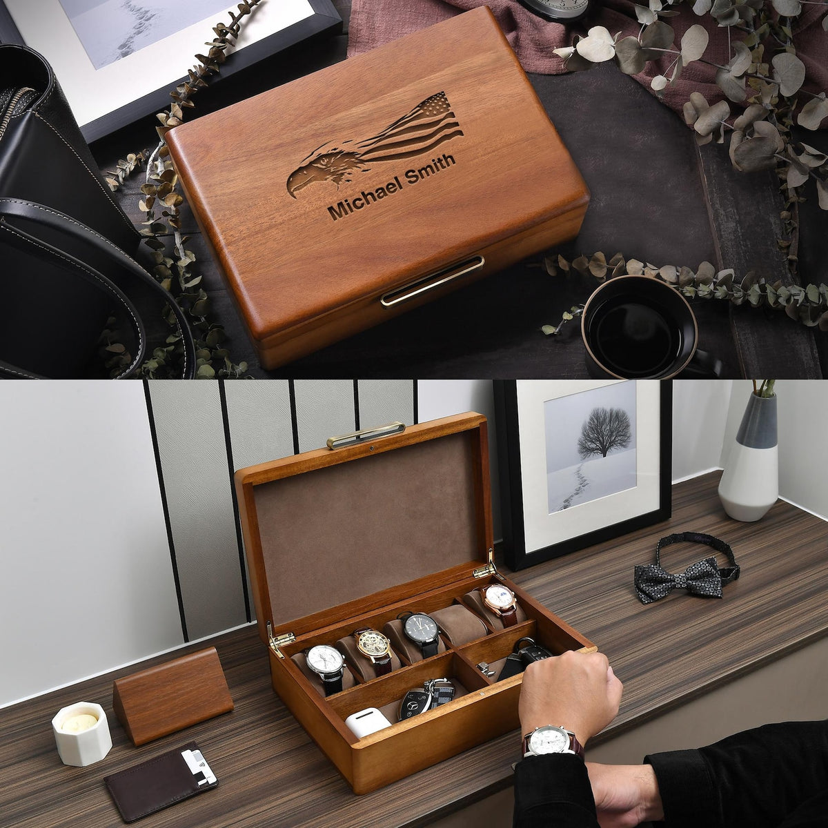 Watch Box For Men Clothing Accessories and Watches Storage Box with 5 Slots Best Wood Organizer for Jewelry and Watch Holder Valentine Gift